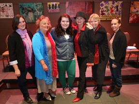 The Edge Productions is preparing to present The Vagina Monologues. Cast members pose Wednesday, Nov. 28, 2012, at the Capitol Theatre in Windsor, Ont. during a break in rehearsal. They are from left, Miriam Goldstein, Cindy Lee Kok, Taylor Brimner, Lisa Gagnon, Nancy Creighton and Elinor Price. (DAN JANISSE/The Windsor Star)