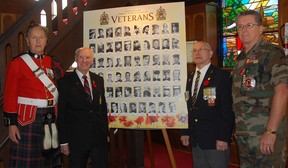 Veterans Terry Hall, from left, David Hollingsworth, Earl McWhinney and George Sesto are four of five remaining vets, all members of Christ Church (Anglican) Amherstburg, pictured on a newly created poster of 57 veterans, all past and present parishioners, Friday, November 09, 2012 at Christ Church. (The Windsor Star- Julie Kotsis)  Cy Curtis, a Second World War veteran, was unable to attend the unveiling. The five veterans are the only remaining from the 59 depicted on the poster.