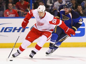 Detroit defenceman Jonathan Ericsson, seen here controlling the puck against Jamie Langenbrunner of the St. Louis Blues in November 2011, is losing hope for the 2012-13 NHL season.  “We'll see what happens here," he said Friday, Dec. 21, 2012. "I don't even want to think about it too much because I just get disappointed every time.”
