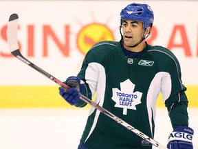 Toronto Maple Leafs forward Jamal Mayers takes a break during practice at the Air Canada Centre in 2008. (Peter Redman/National Post photo)