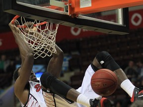 Windsor forward Daniel Rose dunks the ball against  Moncton Friday at the WFCU Centre. (JASON KRYK/The Windsor Star)