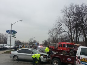 A two-car accident on Sandwich Street at the intersection of St. Arnaud caused traffic backups in Amherstburg early this afternoon. (Julie Kotsis/The Windsor Star)