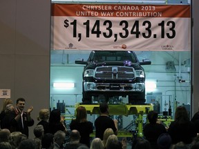WINDSOR, ONT. December 14, 2012.  Huge applause from crowd including CAW Local 444 president Dino Chiodo, left, as Reid Bigland, president and CEO of Chrysler Canada announces an incredible $1.14 Million donation from Chysler workers and retires and membes of CAW Locals 444, 1498, 195 and ONA Local 8 at Chrysler's auto research and development centre on Rhodes Drive Friday December 14, 2012. (NICK BRANCACCIO/The Windsor Star)