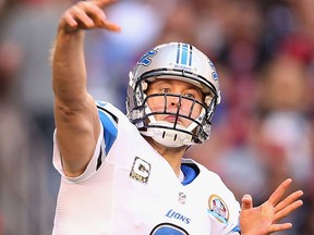 Detroit quarterback Matthew Stafford throws a pass against the Arizona Cardinals Sunday at the University of Phoenix Stadium in Glendale, Arizona. (Photo by Christian Petersen/Getty Images)