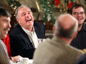 Then-prime minister Paul Martin shares a laugh with area farmers at a Harrow coffee shop in 2005. Martin stars as a fictional boy detective who sets out to solve a crime in 1950s Windsor and Colchester. (FILES/The Windsor Star)