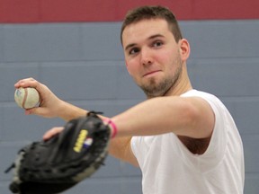 Windsor Selects catcher Larry Balkwill works out at the Riverside Baseball Complex. (JASON KRYK/ The Windsor Star)