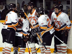 The Essex 73's celebrate a goal against the Alvinston Flyers in the 2007 playoffs. (Jason Kryk/ The Windsor Star)