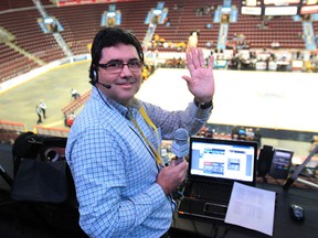 Windsor Express play-by-play announcer Juan Alejandro de Armero takes a break during an NBL of Canada game at the WFCU Centre.  (JASON KRYK/The Windsor Star)