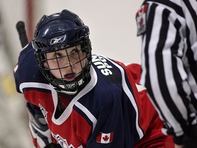 Windsor Junior Spitfire Jamie Elwood prepares for a faceoff at the 49th annual International Bantam/Midget hockey tournament hosted by Riverside Minor Hockey Association at the WFCU Centre. (Nick Brancaccio/The Windsor Star)