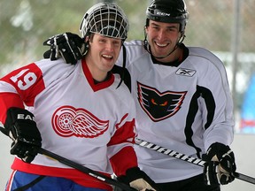 Windsor's Dan Jancevski, right, skated for the first time since his retirement with Dave Halliwill at Lanspeary Park for the third annual Halliwill Outdoor Classic Dec. 21. (NICK BRANCACCIO/The Windsor Star)