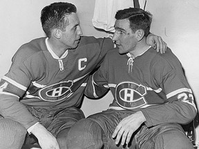 Montreal's Jean Beliveau, left, and John Ferguson celebrate after a victory in 1966. (Mac Juster/Montreal Star)
