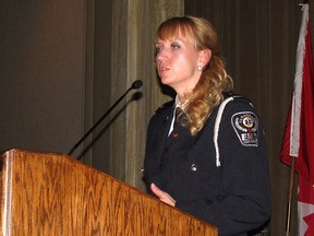 Sarah White speaks at the 911 Community Service Awards, Thursday, Nov. 10, 2011.  White, a paramedic with Essex Windsor EMS, was recognized for her work at the 911 Community Service Awards.  White developed the Òcool aidÓ forms used by many seniors in Windsor and is running this yearÕs EMS food drive to support local food banks.   (BEATRICE FANTONI/The Windsor Star)