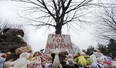 Stuffed animals and a sign calling for prayer rest at the base of a tree near the Newtown VIllage Cemetery Monday, (AP Photo/Charles Krupa)