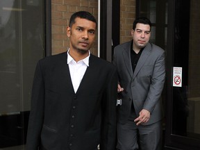 Christopher James Boronka, 29, and his lawyer Ravin Pillay (left) leave Superior Court in Windsor on Monday, December 4, 2012. Boronka was found not guilty Tuesday along with Goran Maslic of importing 45 kilos of cocaine on Sept. 14, 2009.           (TYLER BROWNBRIDGE / The Windsor Star)