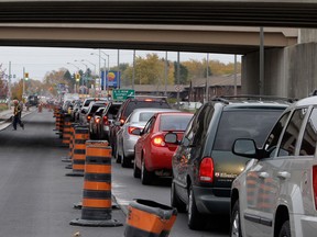 Rush hour traffic jams on Dougall Ave. during construction work started south of the overpass in 2009. (Windsor Star files)