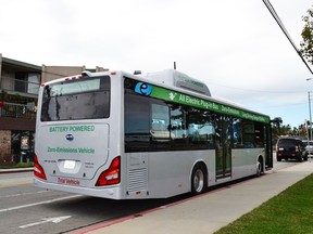 An electric bus designed by the Chinese company BYD (Build Your Dreams) is shown at a product demonstration in Los Angeles in December 2012. (Handout / The Windsor Star)