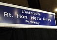 A highway-style sign announces the renaming of the Windsor-Essex Parkway as the Right Honourable Herb Gray Parkway. Photographed at a press conference on Nov. 28, 2012. (Tyler Brownbridge / The Windsor Star)