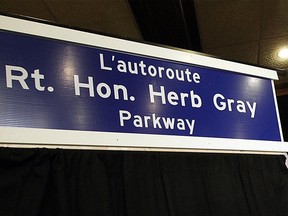 A highway-style sign announces the renaming of the Windsor-Essex Parkway as the Right Honourable Herb Gray Parkway. Photographed at a press conference on Nov. 28, 2012. (Tyler Brownbridge / The Windsor Star)