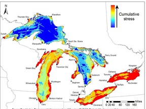 Environmental stress mapped across the surface of the Great Lakes, based on the combined influence of 34 different environmental threats. The colours represent relative stress levels compared to other parts of the five lakes.  The map can be used to guide future restoration efforts. (The Windsor Star-Image courtesy of University of Michigan)