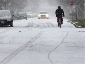 A cyclist cruises down Somme Avenue during a snow fall in this 2012 file photo. (DAN JANISSE/The Windsor Star)