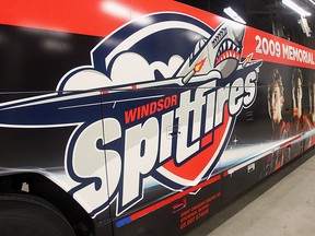 The Windsor Spitfires team bus is pictured at the WFCU Centre prior to heading to kitchener on Friday, April 16, 2010.       (TYLER BROWNBRIDGE / The Windsor Star)