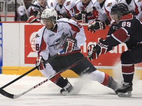 Windsor's Josh Ho-Sang, left, scored a goal in the SApitfires' 6-3 loss to the Spirit in Saginaw Dec. 15, 2012.  (Windsor Star files)