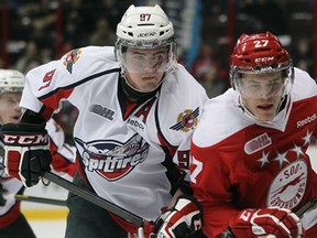 Windsor's Brady Vail, left, scored the Spitfires' only goal in a 4-1 loss to the Greyhounds Dec. 16, 2012, in Sault Ste. Marie.  (Windsor Star files)