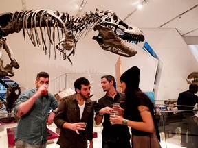 People drink as they attend the Royal Ontario Museum's Friday Night Live event in Toronto on Nov. 30, 2012. For one evening a week, the hallowed halls of one of Canada's largest museums shake off the mantle of formality with a party that blends the buzz of a bar with the nerdy thrill of rare fossils, ancient suits of armour and other artifacts. The adults-only celebrations are the latest effort by museum officials to lure young professionals with the most basic bait: music, food and, of course, alcohol. (Michelle Siu/he Canadian Press