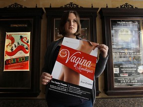 Miriam Goldstein holds a poster for the Vagina Monologues in front of the Capitol Theatre in Windsor on Tuesday, December 4, 2012. A city employee recently took the poster down from the main entrance to the theatre and it has yet to be returned. TYLER BROWNBRIDGE / The Windsor Star)