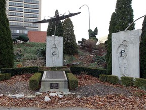 Graffiti covers the face of a war memorial in Dieppe Park in Windsor on Thursday, December 6, 2012. Vandals painted the letters R-C-P over the likenesses of soldiers and on a rock wall near by.           (TYLER BROWNBRIDGE / The Windsor Star)