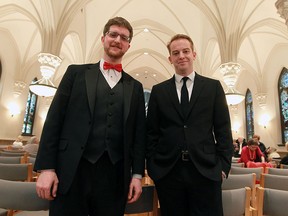 WSO Chorus director Joel Tranquilla, left, and conductor candidate Steven Jarvi are photographed at the Assumption Chapel prior to Friday’s show. (TYLER BROWNBRIDGE / The Windsor Star)
