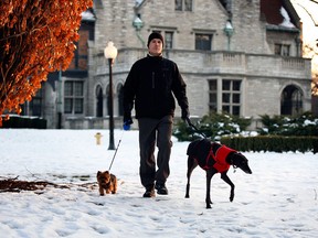 Kelly Stowell takes Rosco, left, and Silver for a trip around Willistead Park near sunset as warmer weather has area residents heading outdoors Monday January 7,  2013.  Stowell's yorkiepoo and greyhound made for an interesting and photogenic duo at the popular park.  NICK BRANCACCIO/The Windsor Star)