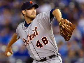 In this October 2012 file photo, Detroit Tigers pitcher Rick Porcello works against a Kansas City Royals batter during the first inning of a baseball game at Kauffman Stadium in Kansas City, Mo.. (AP Photo/Orlin Wagner)