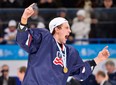 Team USA defenceman Patrick Sieloff of the Windsor Spitfires celebrates after defeating Sweden in gold medal hockey action at the IIHF World Junior Championships in Ufa, Russia, on Saturday, Jan. 5, 2013. THE CANADIAN PRESS/Nathan Denette