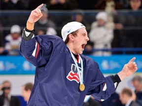 Team USA defenceman Patrick Sieloff of the Windsor Spitfires celebrates after defeating Sweden in gold medal hockey action at the IIHF World Junior Championships in Ufa, Russia, on Saturday, Jan. 5, 2013. THE CANADIAN PRESS/Nathan Denette