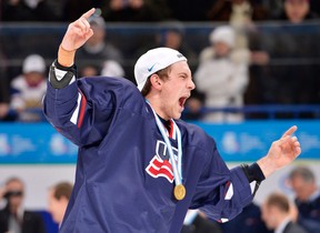 Team USA defenceman Patrick Sieloff of the Windsor Spitfires celebrates after defeating Sweden in gold medal hockey action at the IIHF World Junior Championships in Ufa, Russia, on Saturday, Jan. 5, 2013. THE CANADIAN PRESS/Nathan Denette
