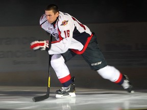 Spitfires forward Kerby Rychel skates on the ice during the opening ceremony to start the 2012-2013 OHL season at the WFCU Centre. (JASON KRYK/The Windsor Star)