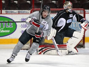 Forward Alex Aleardi skates during practice at the WFCU Centre. (NICK BRANCACCIO/The Windsor Star)