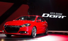 In this Monday, Jan. 9, 2012, file photo, the 2013 Dodge Dart is unveiled at the North American International Auto Show, in Detroit, Mich. The Dart, unveiled with much fanfare at last year’s Detroit auto show, got off to a slow start after going on sale in May 2012. Only 25,000 have sold, which CEO Sergio Marchionne concedes is short of his expectations. (AP Photo/Tony Ding, file)