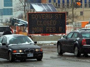 A traffic sign announcing the closure of Goyeau St. is visible at Wyandotte Avenue east in Windsor, Ontario on January 25, 2013. Goyeau Street will be closed starting February 11 during construction of the new Detroit-Windsor Tunnel entrance. (JASON KRYK/The Windsor Star)