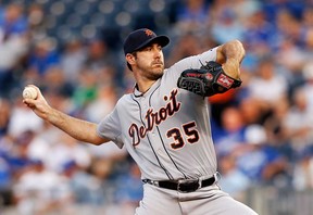 In this file photo, starting pitcher Justin Verlander #35 of the Detroit Tigers pitches during the 1st inning outfield the game against the Kansas City Royals at Kauffman Stadium on August 28, 2012 in Kansas City, Missouri.  (Photo by Jamie Squire/Getty Images)