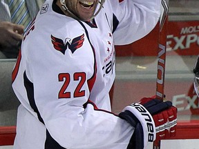 In this file photo, Washington Capitals Mike Knuble celebrates his goal during second period action against the Montreal Canadiens at the Bell Centre in Montreal, on Wednesday, April 21, 2010.  (Windsor Star files)
