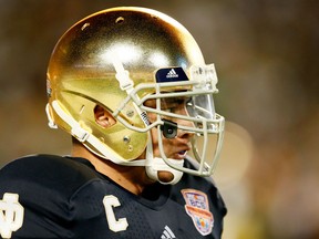 Manti Te'o #5 of the Notre Dame Fighting Irish warms up prior to playing against the Alabama Crimson Tide in the 2013 Discover BCS National Championship game at Sun Life Stadium on January 7, 2013 in Miami Gardens, Florida. (Photo by Kevin C. Cox/Getty Images)