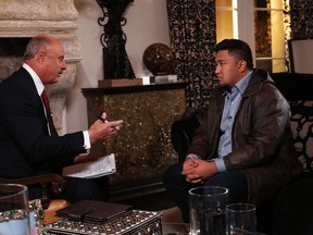 In this Jan. 24, 2013, photo provided by CBS Television Distribution/Peteski Productions, talk show host Dr. Phil McGraw, left, interviews Ronaiah Tuiasosopo during taping for the "Dr. Phil Show" in Los Angeles. The program, scheduled to air Thursday, Jan. 31, and Friday, Feb. 1, will show the first on-air interview of Tuiasosopo, the man who allegedly concocted the girlfriend hoax that ensnared Notre Dame football star Manti Te'o. (AP Photo/CBS Television Distribution/Peteski Productions)