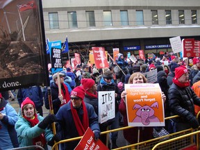 Thousands of teachers and union supporters protested outside the Liberal Leadership convention in Toronto on Saturday. (Dalson Chen/The Windsor Star)