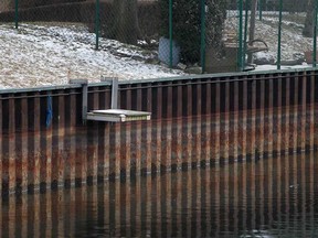 A boat platform sits several feet above the water line on the Little River in east Windsor, Sunday, January 27, 2013.  Water levels are at all-time low in some areas.  (DAX MELMER/The Windsor Star)