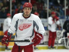 Detroit's Jordin Tootoo practices with the Red Wings at the Compuware Arena in Plymouth, Michigan, Sunday, January 13, 2013.  (DAX MELMER / The Windsor Star)