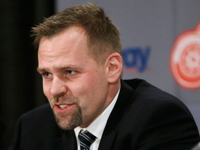 Red Wings forward Tomas Holmstrom announces his retirement from the NHL during a news conference in Detroit Tuesday. (AP Photo/Carlos Osorio)