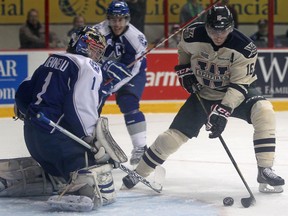 Windsor's Kerby Rychel, right, tries to beat Sudbury goaltender Joel Vienneau at the WFCU Centre.    (DAX MELMER/The Windsor Star)