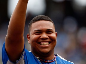 Tigers reliever Bruce Rondon of Venezuela waves to the crowd prior to the All-Star Futures Game at Kauffman Stadium. (Photo by Jamie Squire/Getty Images)